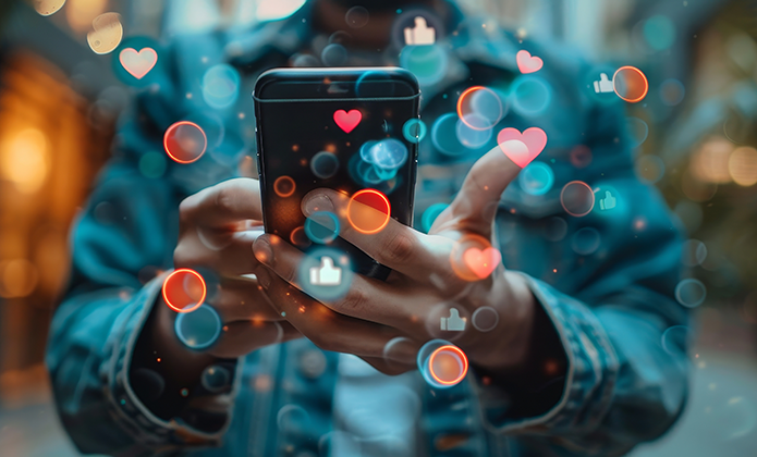 #ParaTodosVerem: Pessoa segura um smartphone com as duas mãos. Sobre a imagem aparecem ícones flutuantes de redes sociais, como corações, curtidas e notificações, em meio a efeitos luminosos coloridos. O fundo desfocado em tons azulados e alaranjados sugere ambiente urbano ou digital, remetendo a interações em redes sociais, aplicativos ou comunicação online.