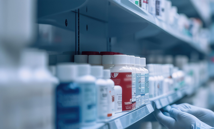 #ParaTodosVerem: Prateleira de farmácia com várias embalagens de remédios em potes e caixas. As mãos de um profissional com luvas aparecem no canto direito, organizando os produtos.