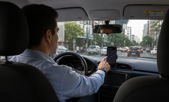 #ParaTodosVerem: Vista do interior de um automóvel em circulação por uma avenida urbana. O motorista, visto de costas, mantém uma das mãos no volante e a outra segura um smartphone próximo ao painel. À frente, o trânsito segue entre edifícios, com diversos veículos ocupando a via. A imagem remete ao uso do celular durante a condução, destacando uma situação de risco à segurança no trânsito.